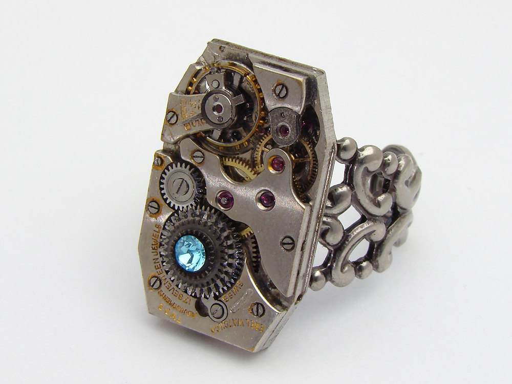 Steampunk Ring watch movement gears aquamarine blue crystal silver filigree adjustable