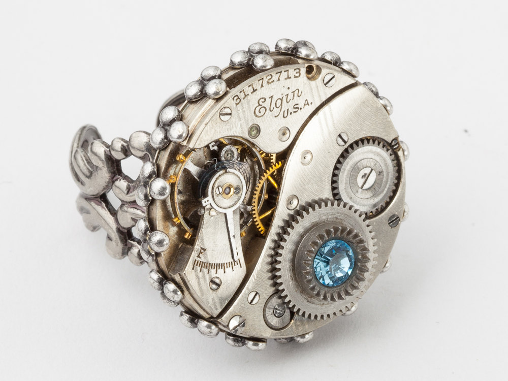Steampunk Ring watch movement gears blue crystal silver filigree clockwork Steampunk jewelry