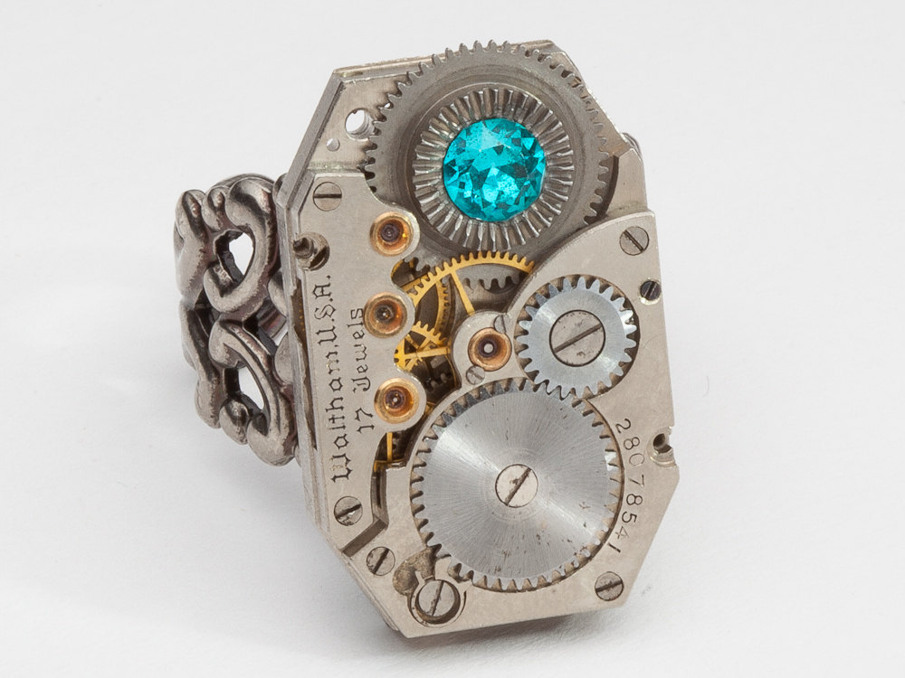 Steampunk Ring watch movement gears blue crystal silver filigree Industrial clock work jewelry