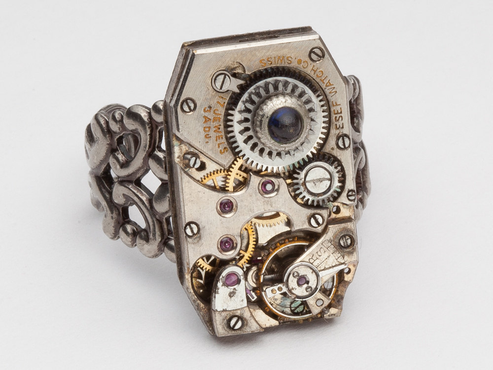 Steampunk Ring watch movement gears blue sapphire silver filigree adjustable