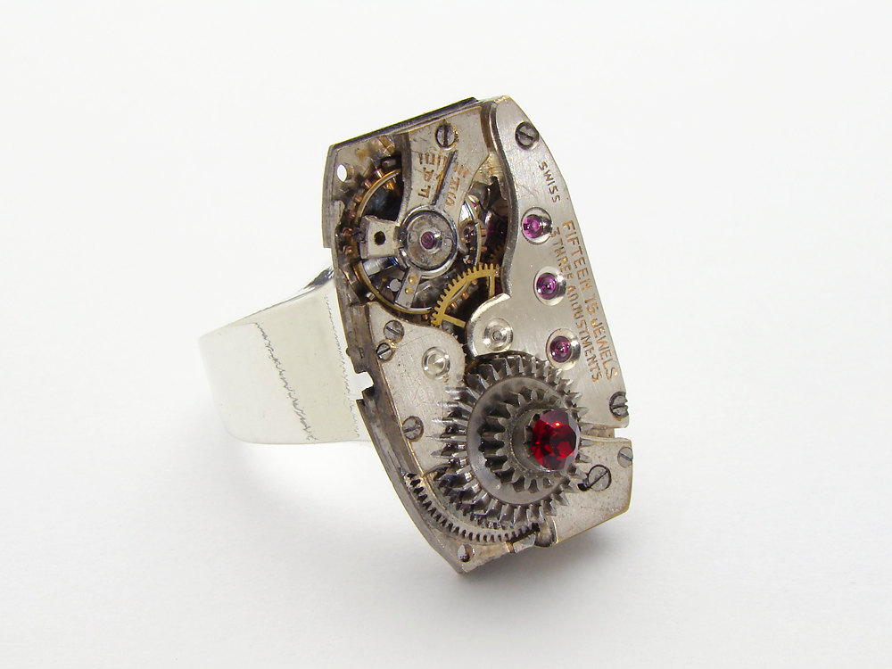 Steampunk Ring watch movement gears garnet red Swarovski crystal silver band jewelry