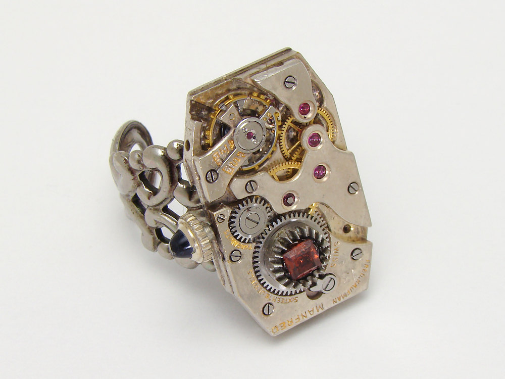 Steampunk Ring watch movement gears genuine red garnet silver filigree adjustable