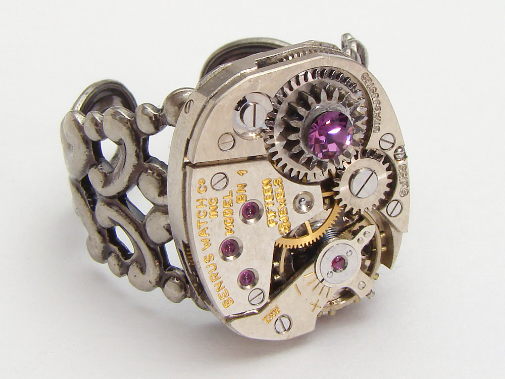 Steampunk Ring watch movement gears purple amethyst crystal silver filigree adjustable jewelry