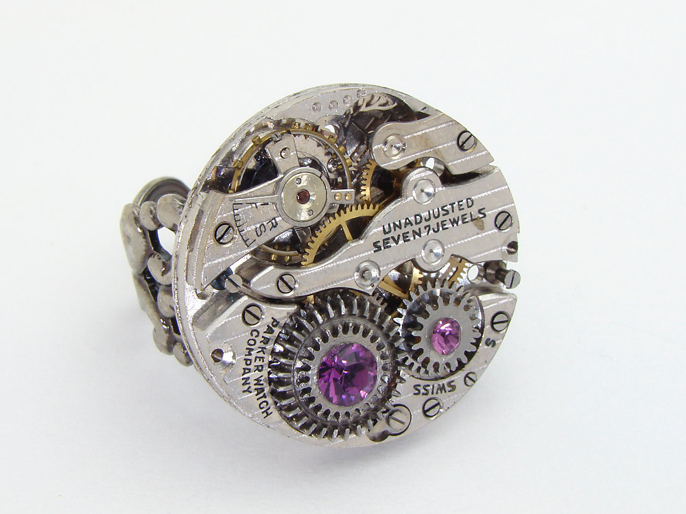 Steampunk Ring watch movement gears purple crystal silver filigree clock work jewelry