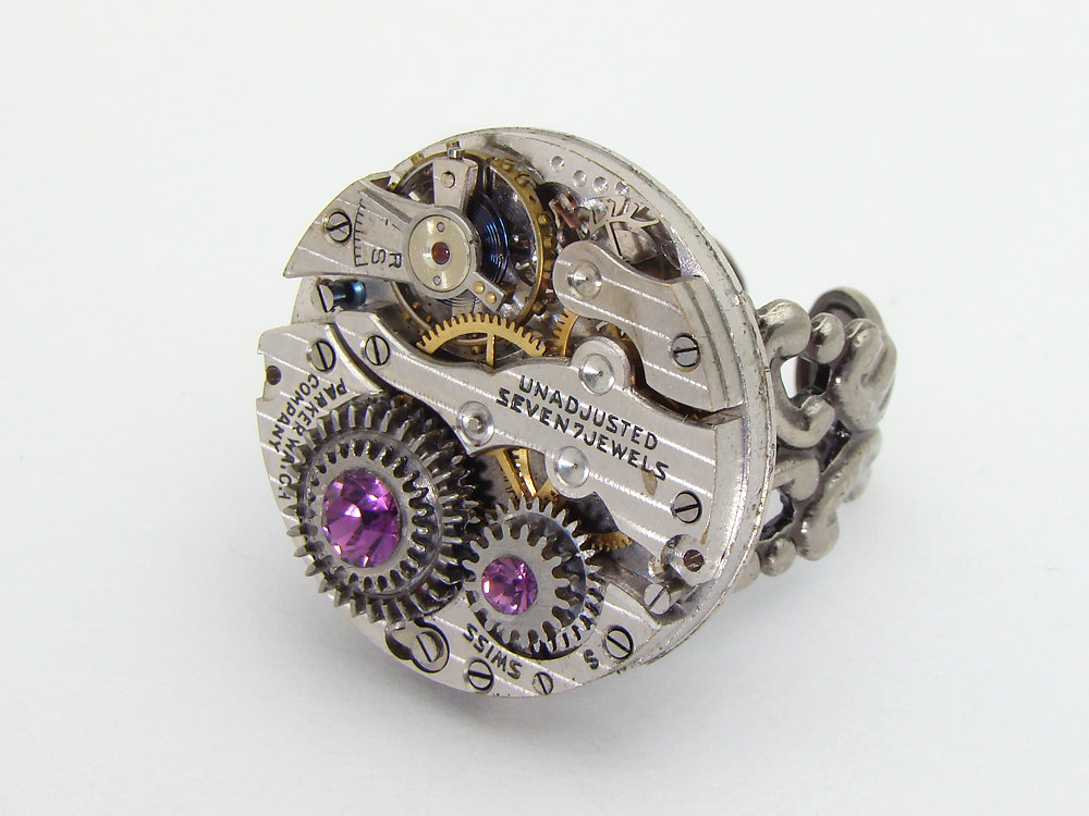 Steampunk Ring watch movement gears purple crystal silver filigree clock work jewelry