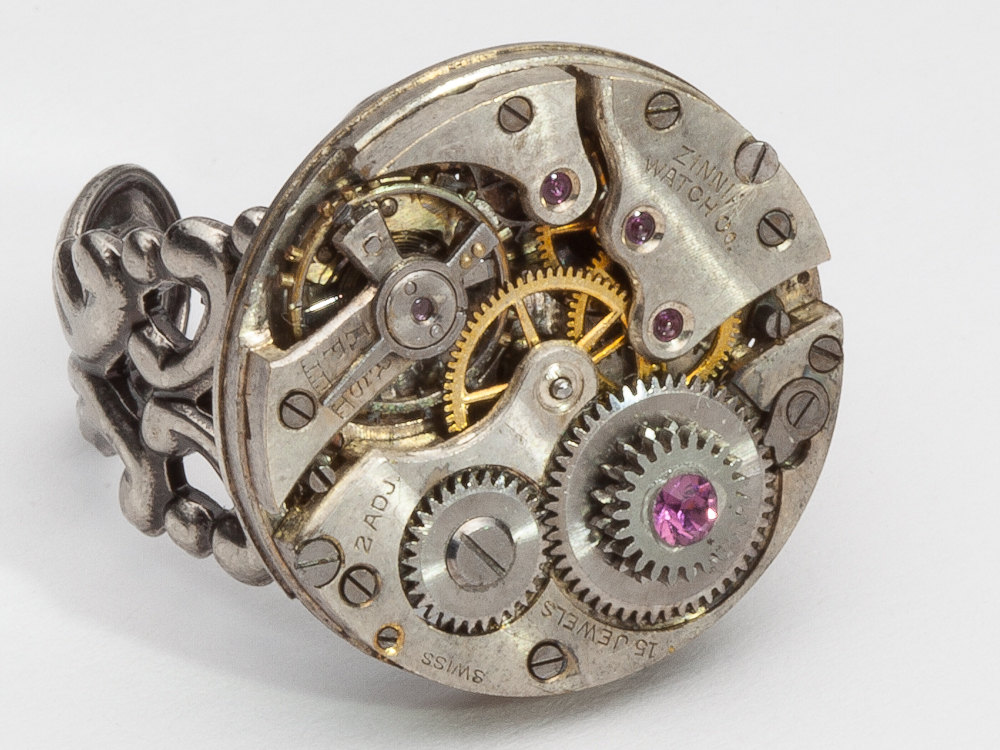 Steampunk Ring watch movement gears purple crystal silver filigree Industrial clock work jewelry