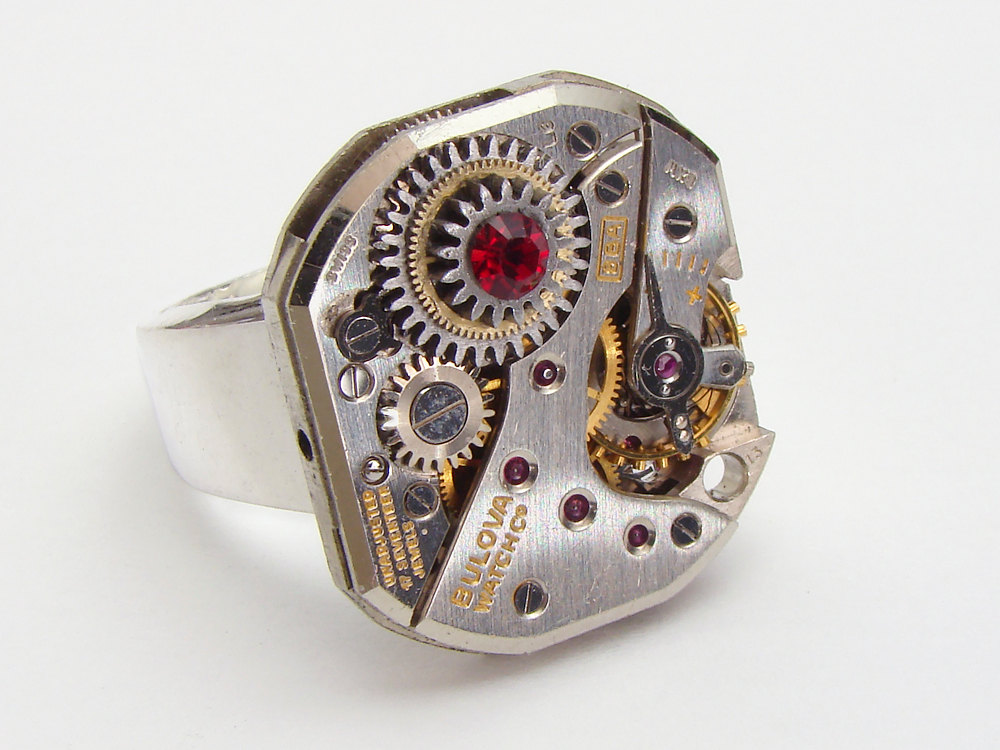Steampunk Ring watch movement gears red garnet Swarovski crystal wide silver band jewelry