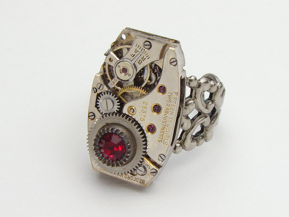 Steampunk Ring watch movement gears red Swarovski crystal silver filigree adjustable