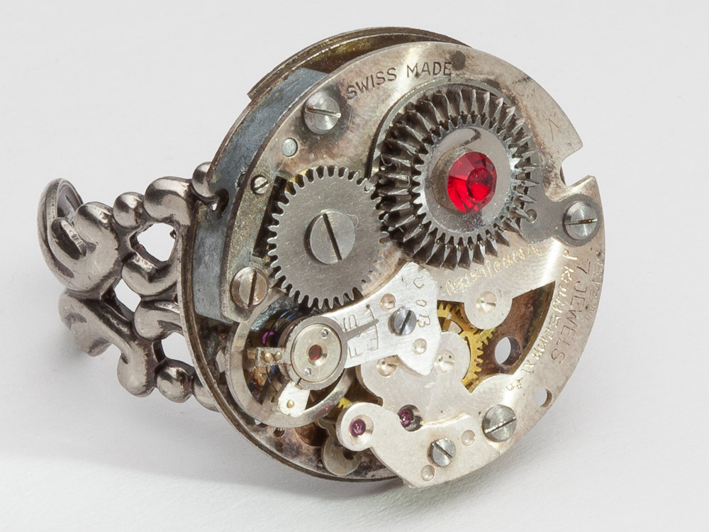 Steampunk Ring watch movement gears ruby red crystal silver filigree Industrial watch jewelry