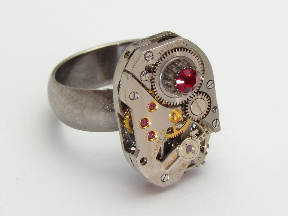 Steampunk Ring watch movement gears ruby red Swarovski crystal silver adjustable Statement Cocktail ring band Steampunk jewelry