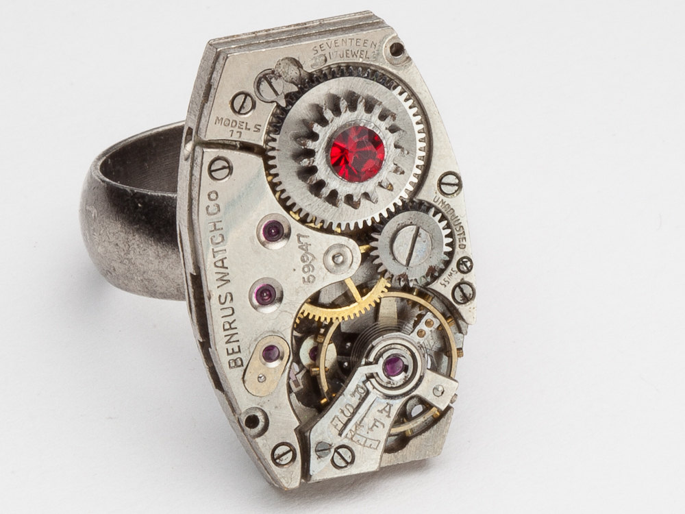 Steampunk Ring watch movement gears ruby red Swarovski crystal silver band Industrial jewelry