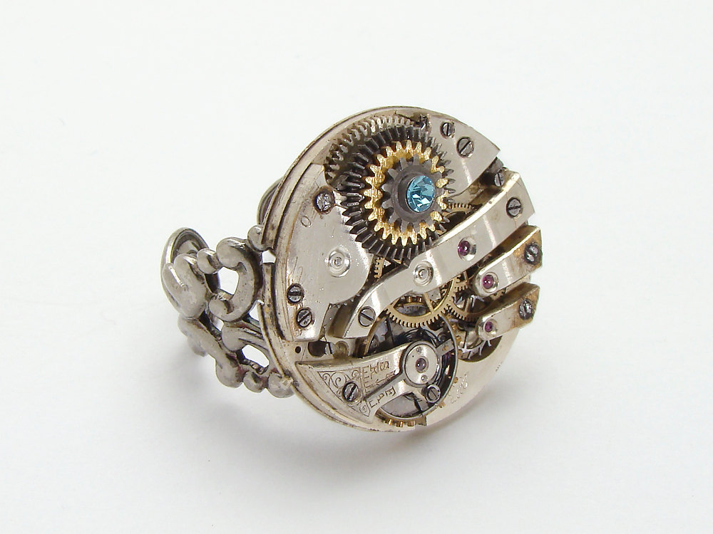 Steampunk Ring watch movement gears silver blue Swarovski crystal filigree adjustable