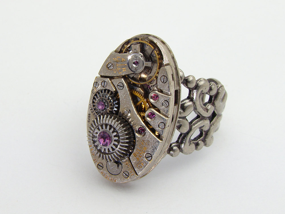 Steampunk Ring watch movement gears silver filigree purple crystal Industrial jewelry