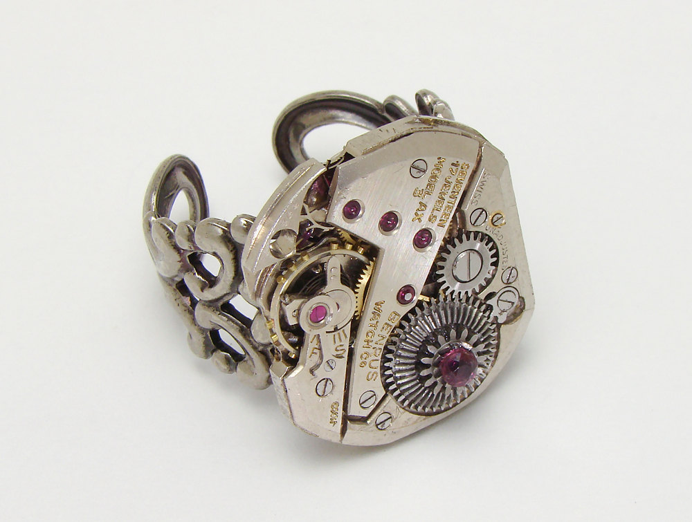 Steampunk Ring watch movement gears silver genuine ruby filigree antique watch jewelry