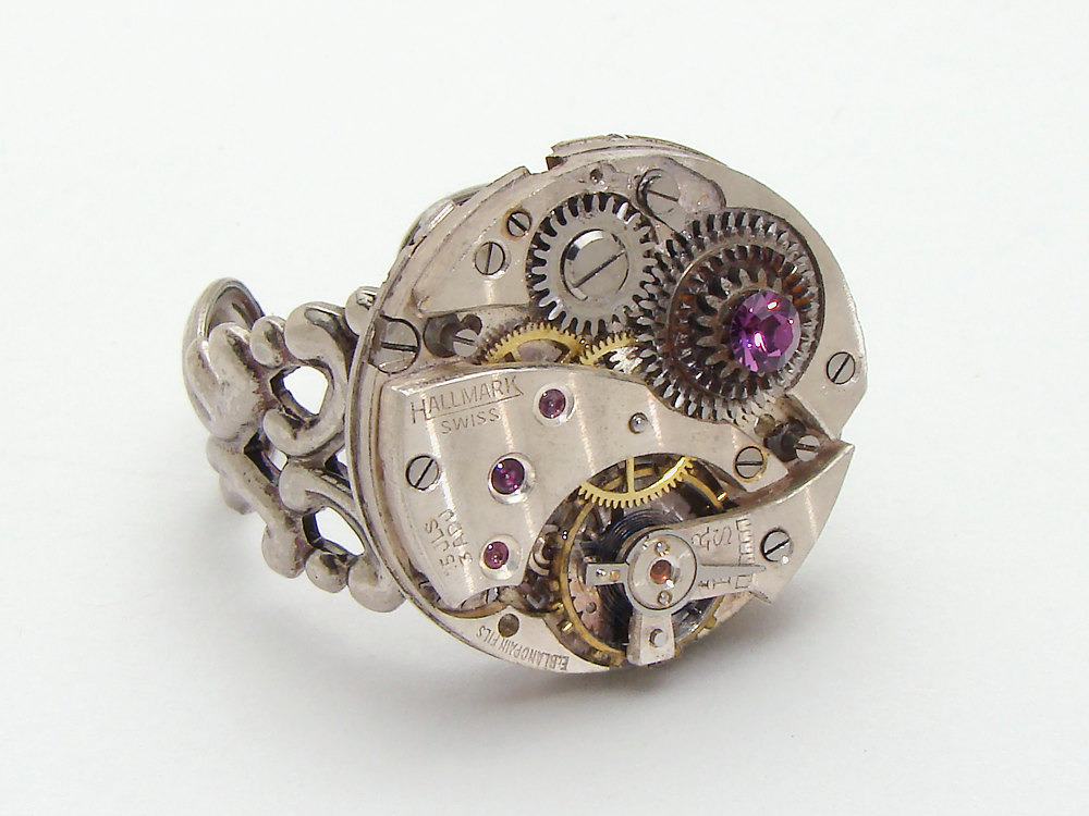 Steampunk Ring watch movement gears silver purple Swarovski crystal filigree jewelry