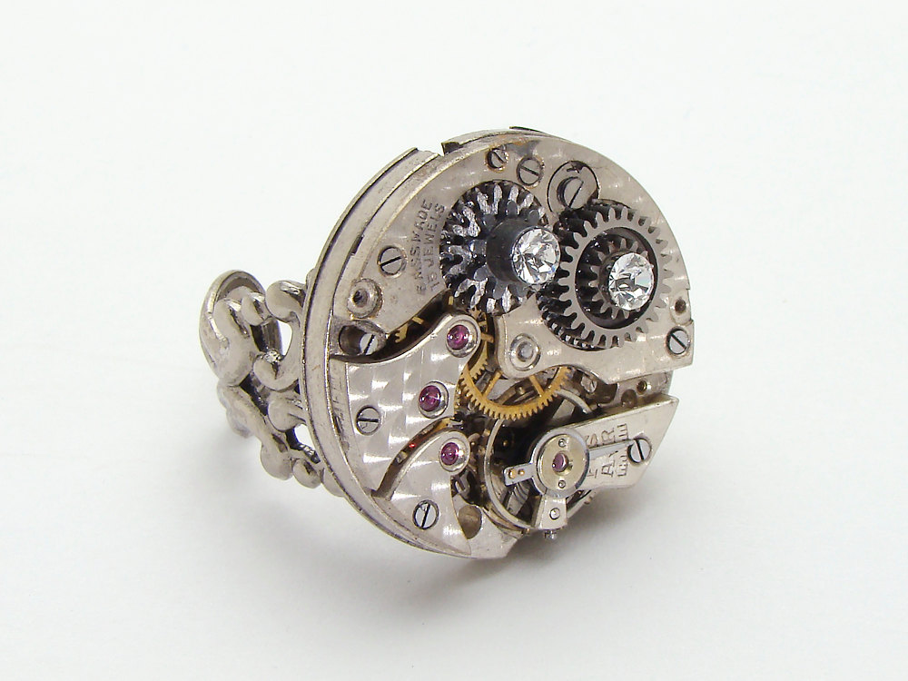 Steampunk Ring watch movement gears silver Swarovski crystal filigree watch jewelry
