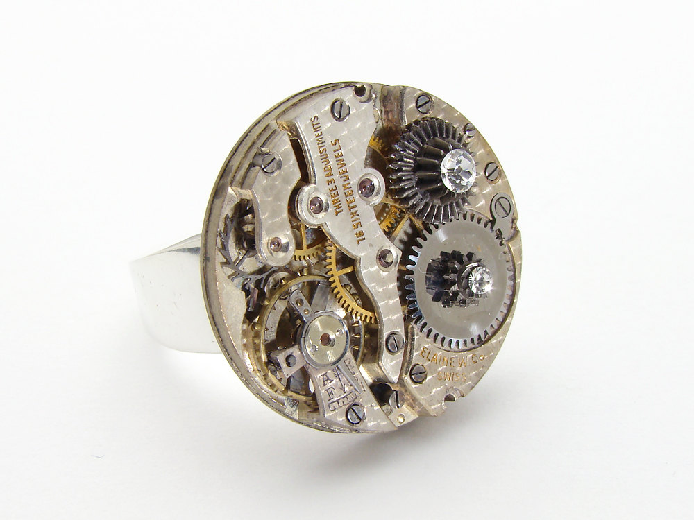 Steampunk Ring watch movement gears Swarovski crystal wide silver band watch jewelry