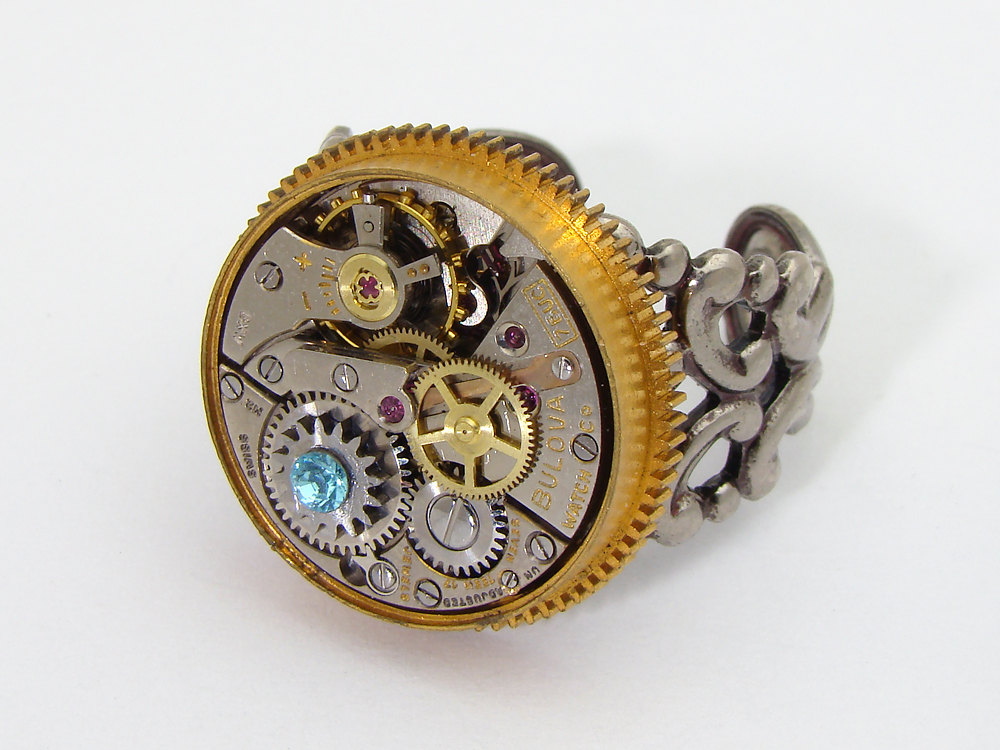 Steampunk Ring watch movement gold gear blue topaz crystal clock work jewelry silver filigree