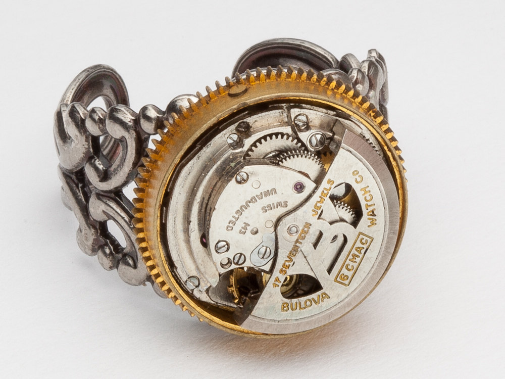 Steampunk Ring watch movement moving gold gear silver filigree adjustable band Statement Cocktail Ring Unisex Steampunk jewelry