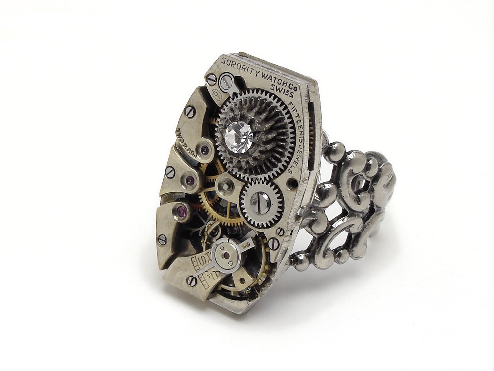 Steampunk Ring wristwatch movement gears antique circa 1920 15 ruby jewel silver filigree faceted swarovski crystal adjustable
