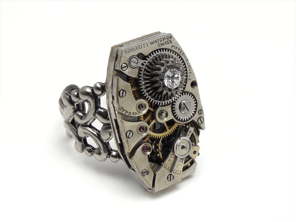 Steampunk Ring wristwatch movement gears antique circa 1920 15 ruby jewel silver filigree faceted swarovski crystal adjustable