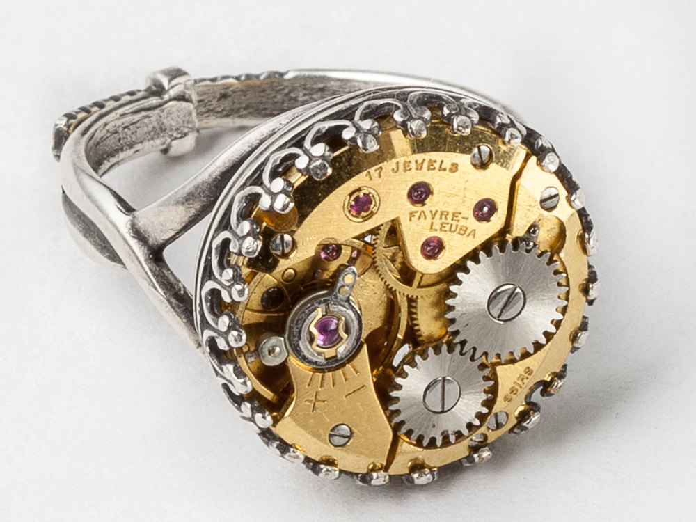 Steampunk Silver Filigree Ring with Gold Watch Movement in Victorian Statement Ring Clockwork Cocktail Ring Adjustable Band
