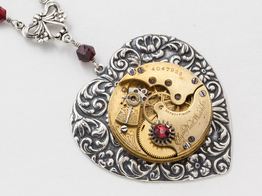 Steampunk Silver Heart Necklace with Gold Pocket Watch Pendant on a Flower Leaf Motif with Genuine Garnet and Red Crystals