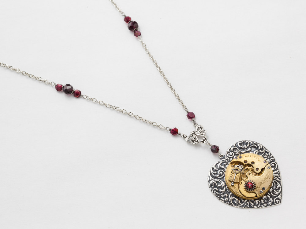 Steampunk Silver Heart Necklace with Gold Pocket Watch Pendant on a Flower Leaf Motif with Genuine Garnet and Red Crystals