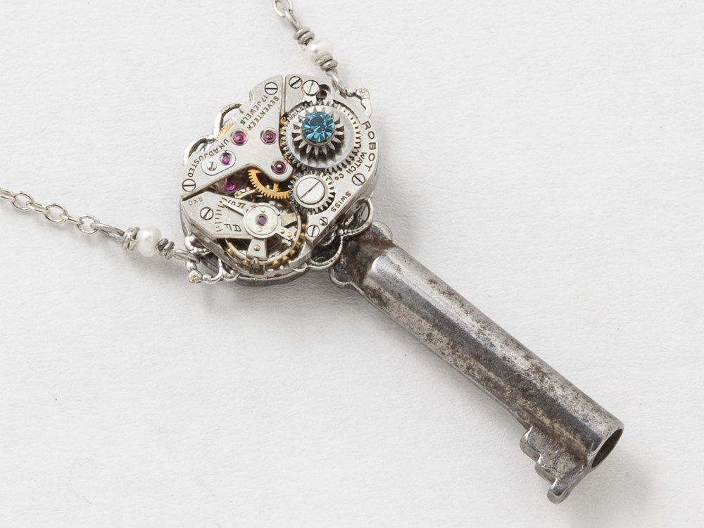 Steampunk Skeleton Key Necklace with Watch Movement Pendant on Victorian Silver Filigree and Pearl with Blue Aquamarine Crystal