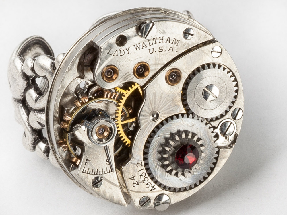 Steampunk Statement Ring Clockwork Gears on a Watch Movement with Garnet Red Crystal and Adjustable Silver Filigree Band
