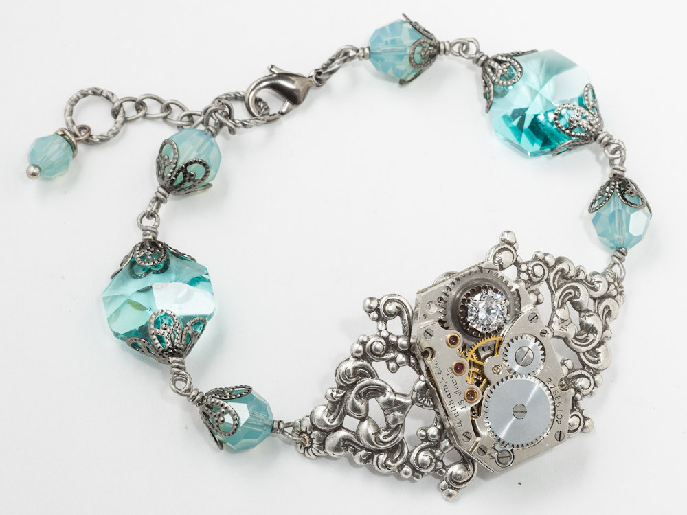 Steampunk Victorian bracelet watch movement gears silver filigree flower blue opal crystal Steampunk jewelry