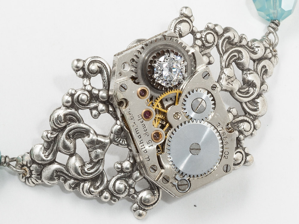 Steampunk Victorian bracelet watch movement gears silver filigree flower blue opal crystal Steampunk jewelry