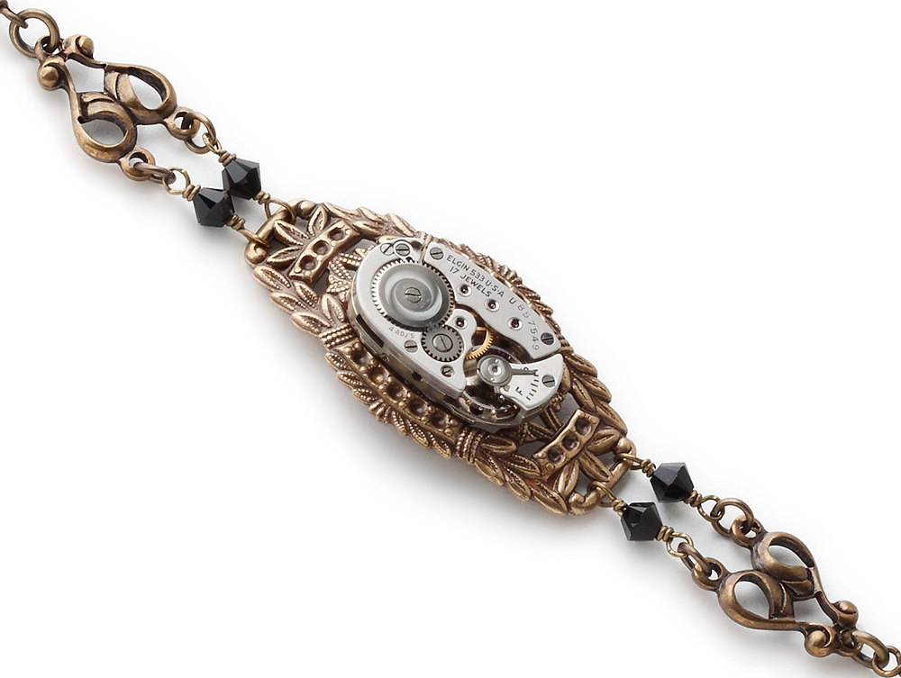 Steampunk Victorian gold brass filigree bracelet antique Elgin watch movement gears black Swarovski crystal
