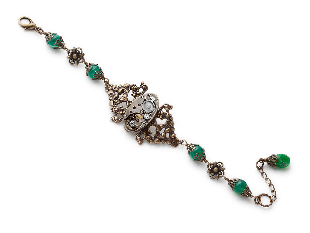 Steampunk Victorian gold brass flower leaf bracelet antique watch movement gears genuine green agate Jade