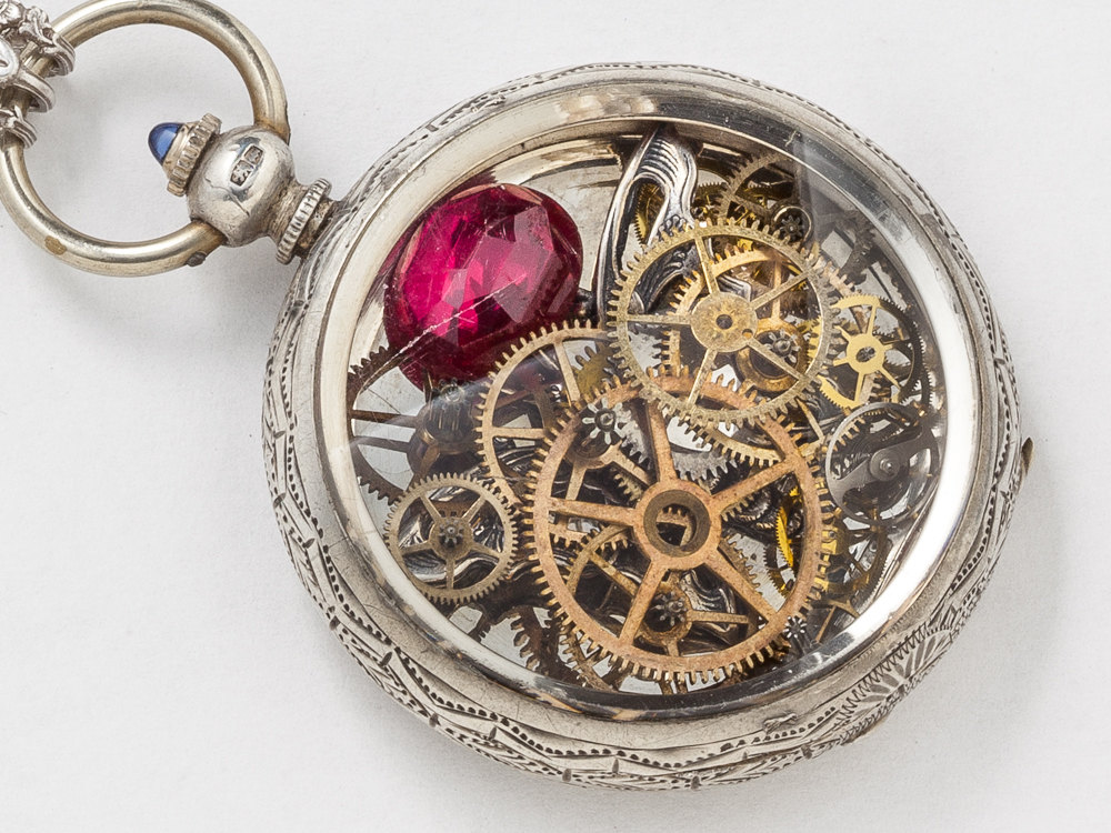 Sterling Silver Hand Engraved Pocket Watch Case Necklace Flowers with Butterfly Charm Gears Red Ruby Crystal Locket