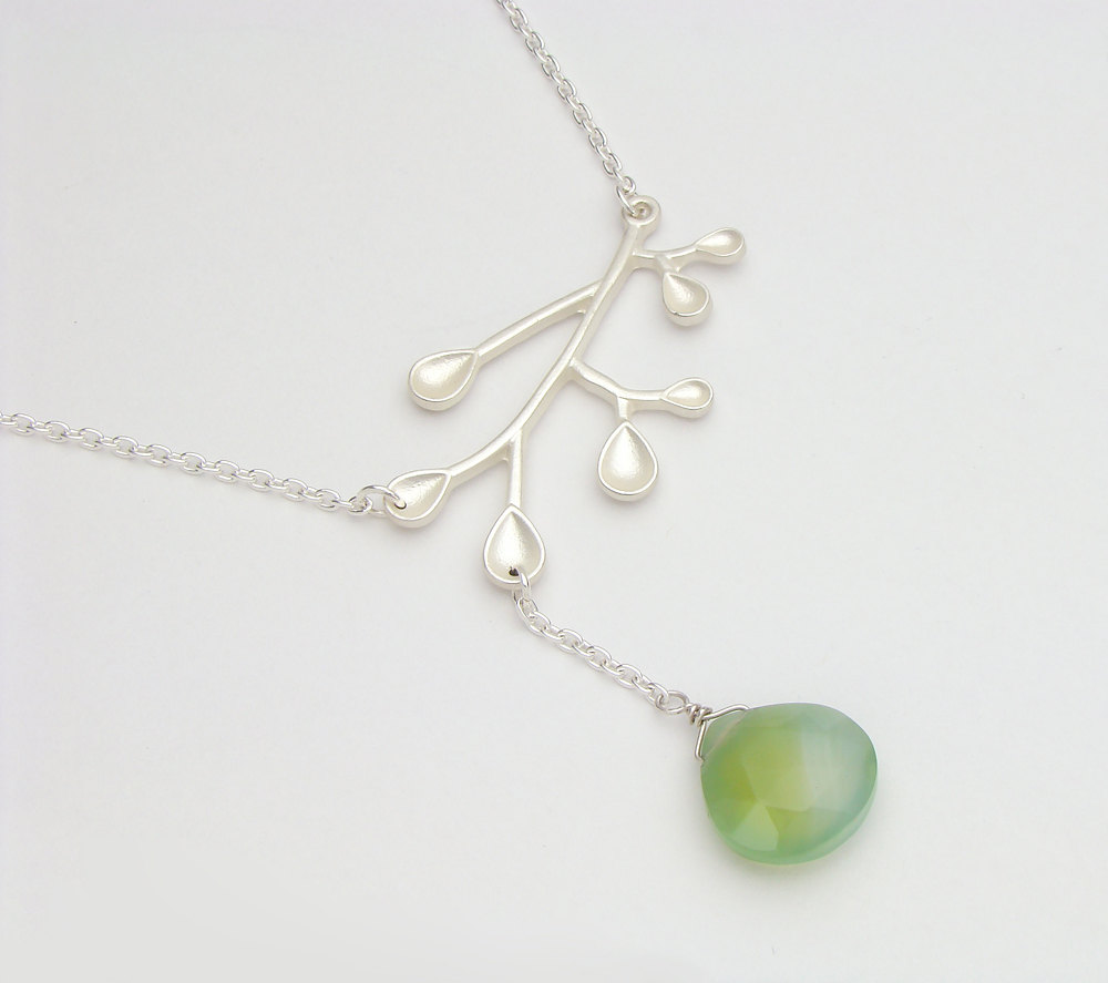 Sterling silver Lariat necklace leaf branch pendant genuine green Chalcedony agate teardrop briolette jewelry