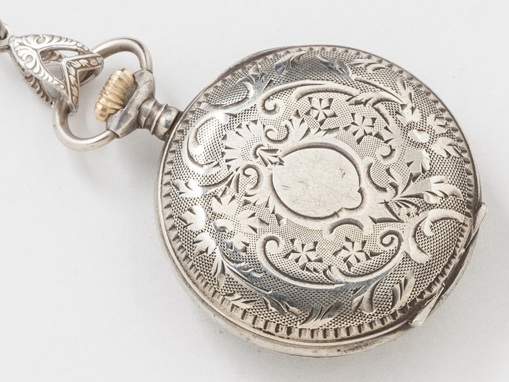 Sterling Silver Pocket Watch Case Necklace Engraved Flowers and Leaves with Gold Dragonfly Gears Pink Tourmaline Locket