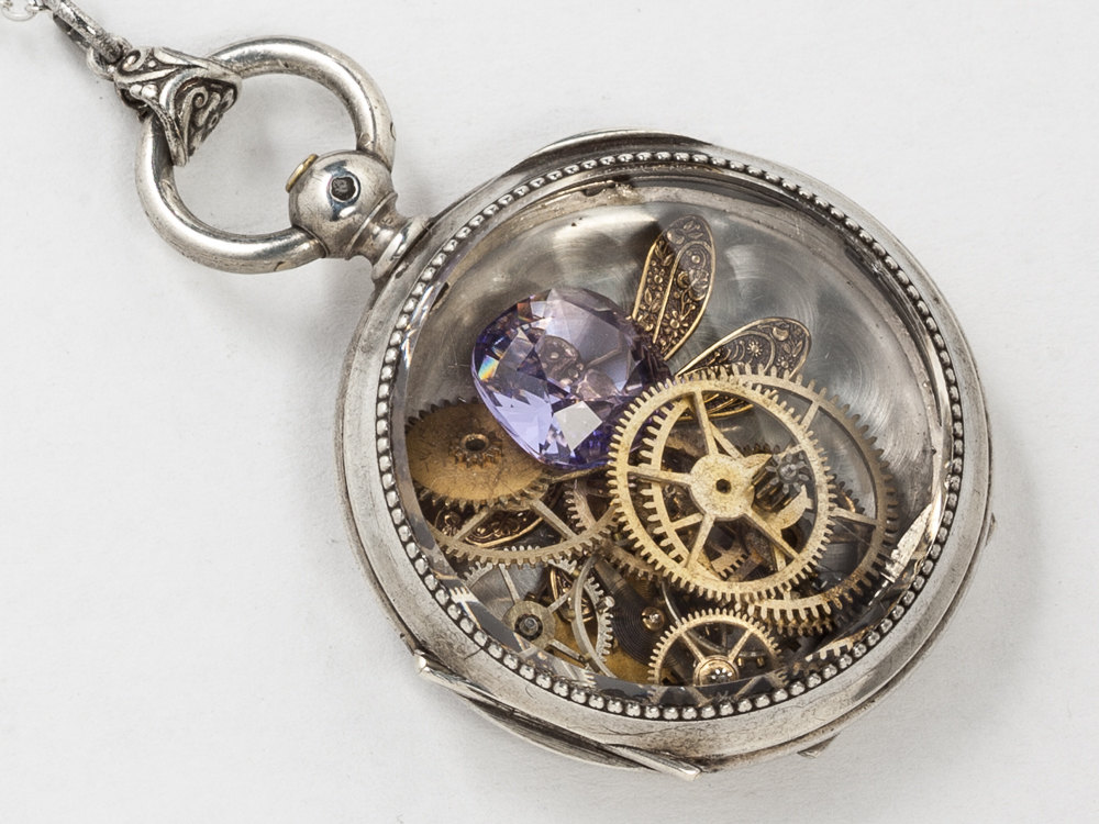 Sterling Silver Pocket Watch Case Necklace Engraved Flowers and Leaves with Gold Dragonfly Gears Tanzanite Crystal Locket