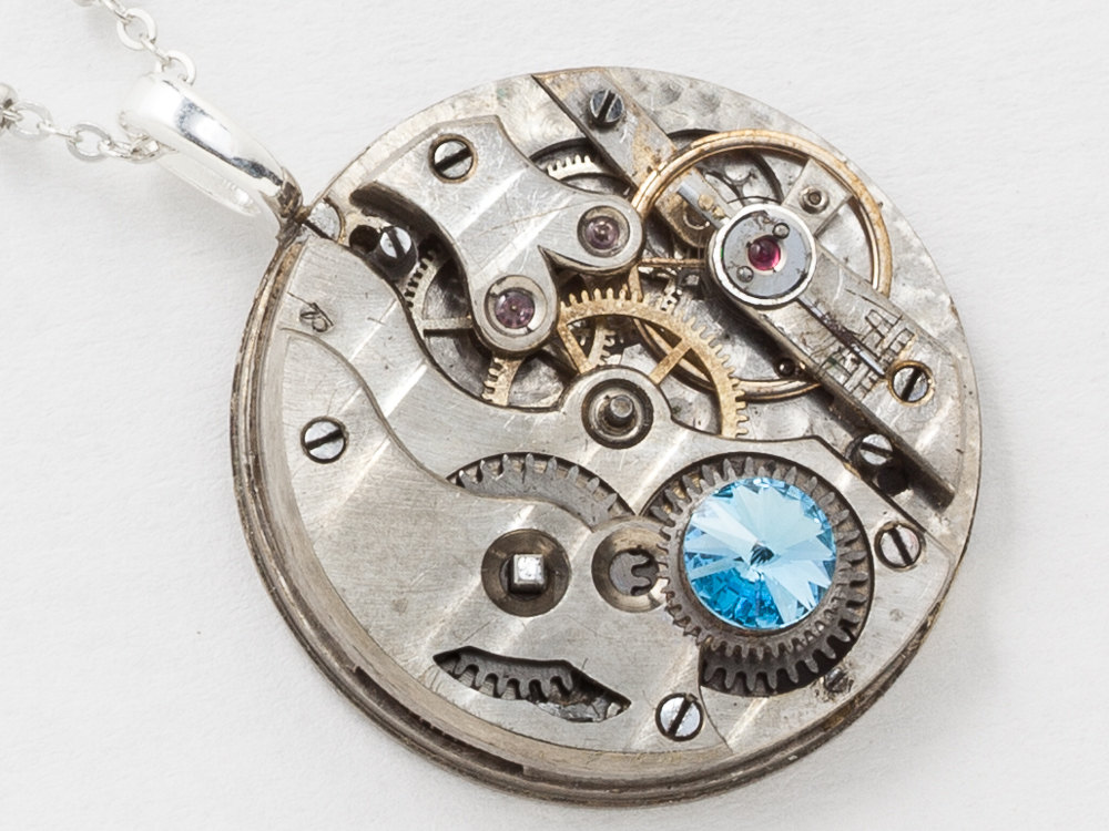 Victorian Clockwork Necklace Key Wind Victorian Pocket Watch with Ruby Jewels Aquamarine Blue Crystal Silver Chain Steampunk Jewelry