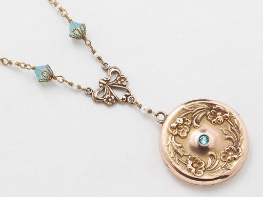 Victorian Locket Antique Locket Necklace in Gold Filled with Genuine Pearls Blue Aquamarine Repousse Flower Leaf Photo Locket