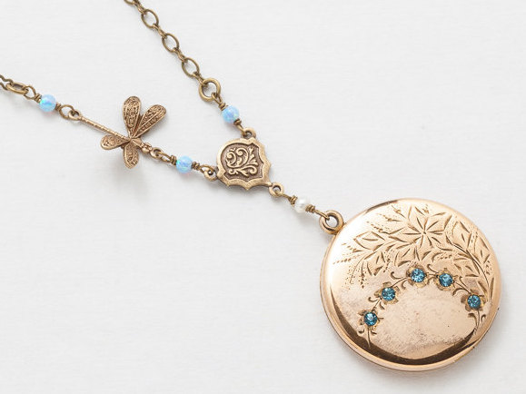 Victorian Locket Antique Locket Necklace in Gold Filled with Opal Beads Blue Crystal Dragonfly Flower Leaf Etched Photo Locket