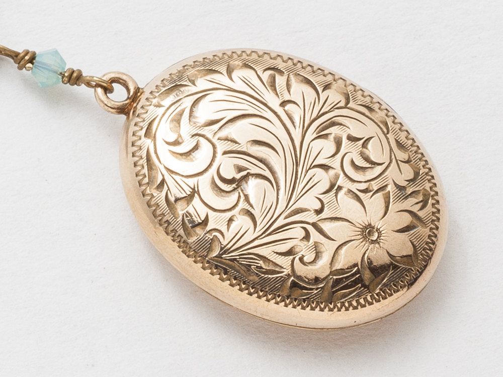 Victorian Locket Locket Necklace Gold Filled Locket with Chalcedony Blue Crystal Flower Charm Leaf and Flower Etched