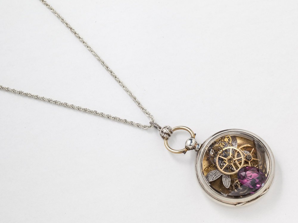 Victorian Locket Pocket Watch Case Necklace in Sterling Silver with Dragonfly Pendant Gears and Amethyst Statement Necklace