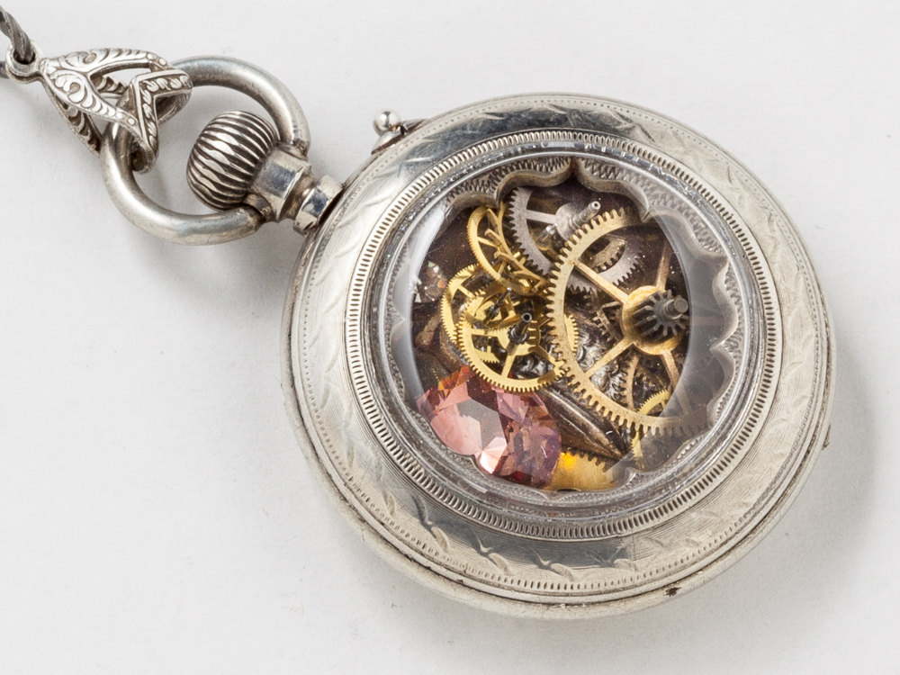 Victorian Locket Pocket Watch Case Necklace in Sterling Silver with Pink Tourmaline Gears Owl Pendant Statement Necklace