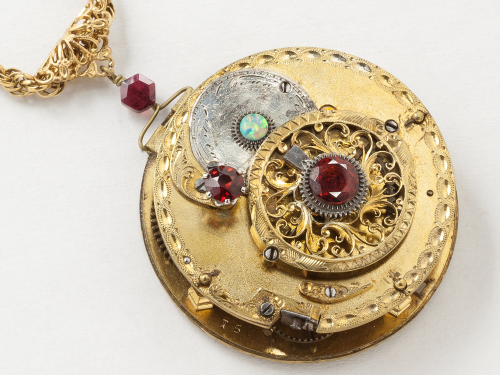Victorian Necklace Steampunk Jewelry Antique English Fusee Gold Pocket Watch Movement with Red Garnet Opal Filigree