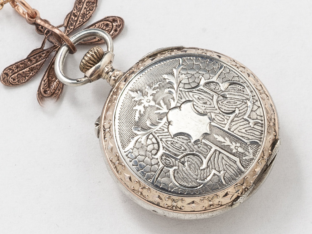 Victorian Rose Gold Sterling Silver Pocket Watch Case Necklace with Blue Topaz Crystal Gears and Dragonfly Locket Steampunk jewelry