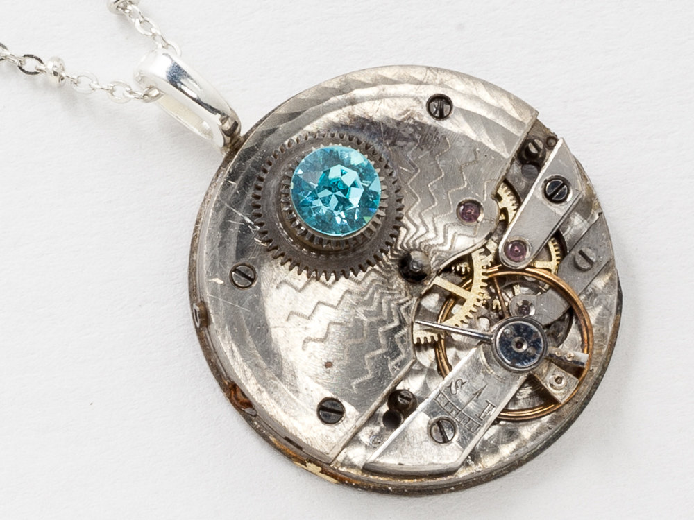 Victorian Silver Pocket Watch Necklace with Ruby Jewels and Blue Aquamarine Clockwork Pendant Statement Necklace Steampunk Jewelry