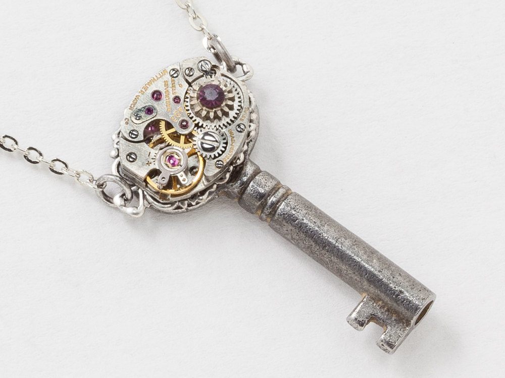 Victorian Skeleton Key Necklace with Silver Filigree Watch Movement and Purple Amethyst Crystal Pendant Steampunk Jewelry