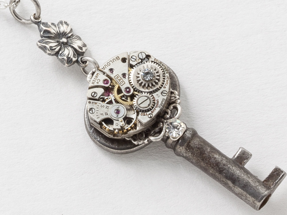 Victorian Skeleton Key Necklace with Silver Filigree Watch Movement Swarovski Crystal and Flower Pendant Statement Jewelry