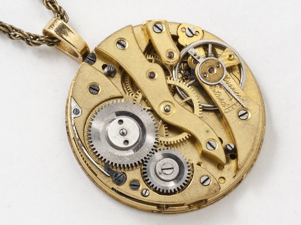 Victorian Steampunk Necklace Pocket Watch Movement with Ruby Jewels and Gold Rope Chain Clockwork Pendant Statement Necklace
